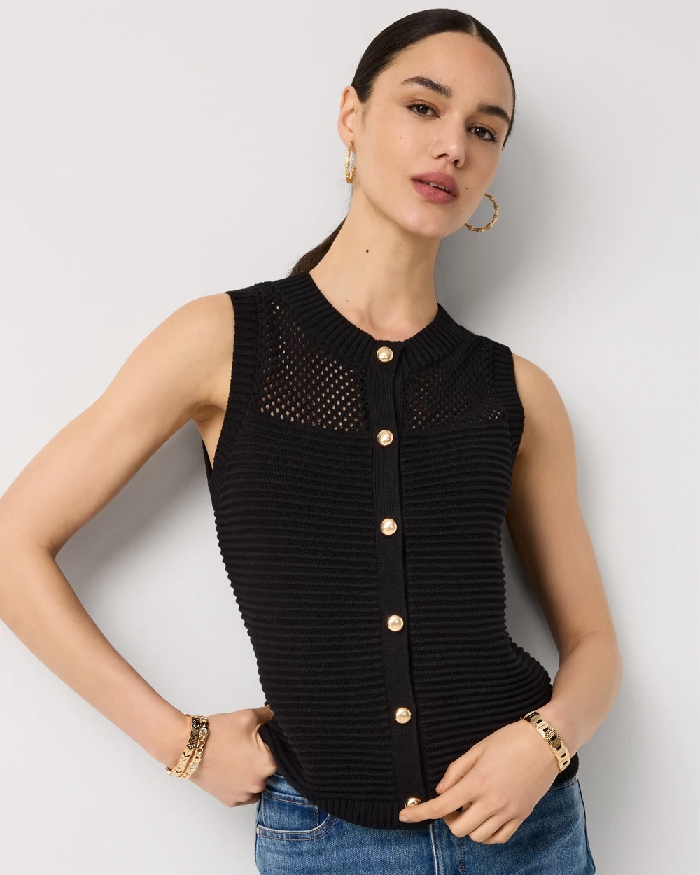 Button Front Rib Knit Vest | White House Black Market